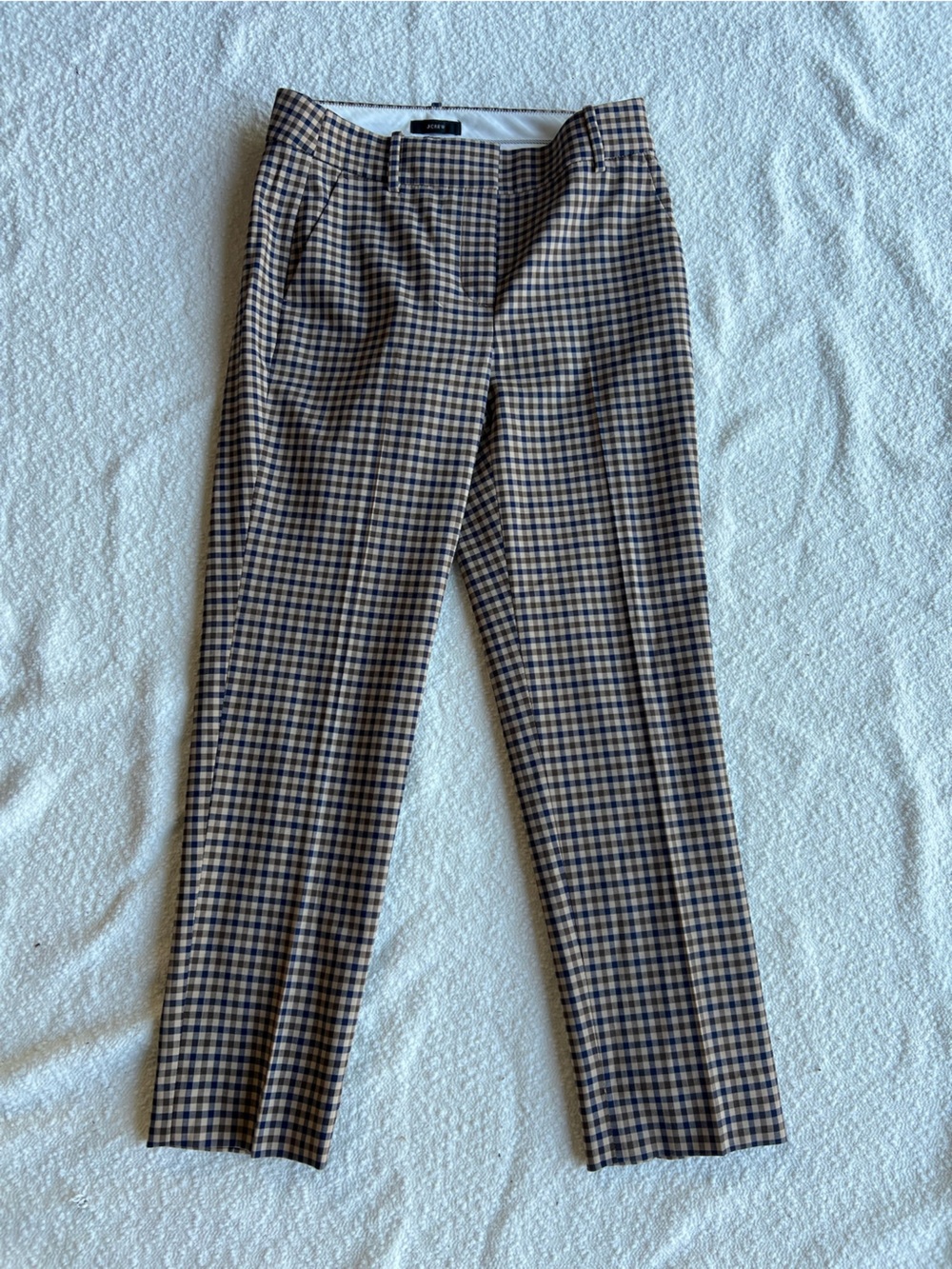 J.Crew Tollegno 1900 Italian Stretch Wool Gingham Trousers Pants Size 2 Navy Tan
